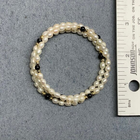 Memory Wire Wrap Bracelet Faux Pearl Black Gold Beaded Organic Elegant Chic Prom - Picture 3 of 3